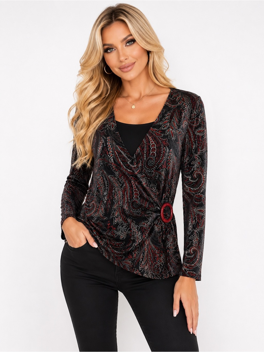 Elementz Womens Large Paisley Glitter Faux Wrap Top Built In Tank Stretch
